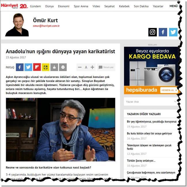 Boyabatlı Karikatürist Aşkın Ayrancıoğlu ile söyleşi Hürriyet’te
