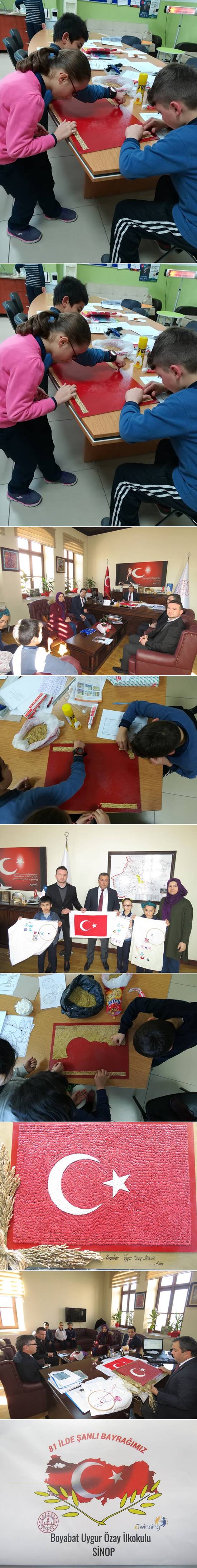 Boyabat Uygur Özay İlkokulu Türkiye geneli okullarla ortak yürüttüğü ‘’81 İlde Şanlı Bayrağımız’’ eTwinning projesi kapsamında Sinop İlini temsil etmekte olup, proje kapsamında Boyabat çeltiği kullanarak Türk bayrağı tasarladı.
